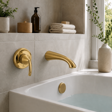Click here to see Moen WT371BZG Moen Glyde Single-Handle Wall-Mount Tub Filler with Ultrathin Spout, Lever Handle, ADA, 8 GPM, Bronzed Gold - WT371BZG
