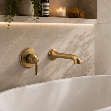 Click here to see Moen WT681BZG Moen Dartmoor Single-Handle Wall-Mount Tub Filler with Ultrathin Spout, Lever Handle, ADA, 8 GPM, Bronzed Gold - WT681BZG