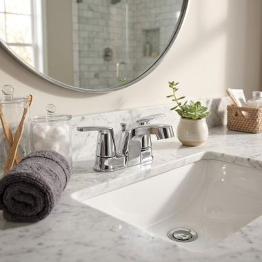 Click here to see Moen 499525 Moen Chateau Two-Handle Low Arc Centerset Bathroom Faucet with Drain, 1.2 GPM, Chrome - 499525