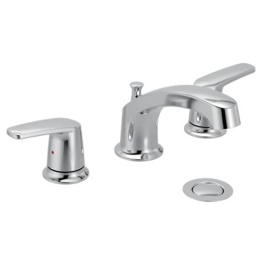 Click here to see Moen 499545 Moen Chateau Two-Handle Low Arc Widespread Bathroom Faucet w/ Drain, 1.2 GPM, Chrome - 499545