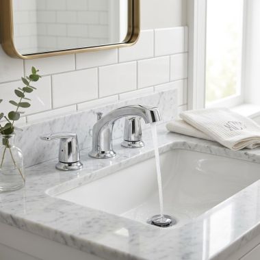 Click here to see Moen 499545 Moen Chateau Two-Handle Low Arc Widespread Bathroom Faucet w/ Drain, 1.2 GPM, Chrome - 499545