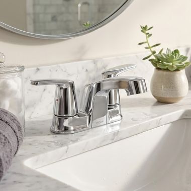 Click here to see Moen 6499572 Moen Chateau Two-Handle Low Arc Centerset Bathroom Faucet, Less Drain, 1.2 GPM, Bulk Pack, Chrome - 6499572