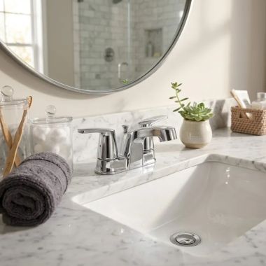 Click here to see Moen 6499575 Moen Chateau Two-Handle Low Arc Centerset Bathroom Faucet with 50/50 Drain, 1.2 GPM, Bulk Pack, Chrome - 6499575