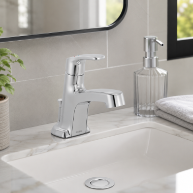Click here to see Moen L45711 Moen Chateau Single-Handle Low Arc Bathroom Faucet with Metal Drain, 1.2 GPM, Chrome - L45711
