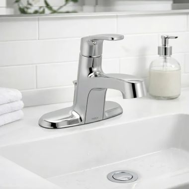 Click here to see Moen L45725 Moen Chateau Single-Handle Low Arc Centerset Bathroom Faucet with Drain, 1.2 GPM, Chrome - L45725