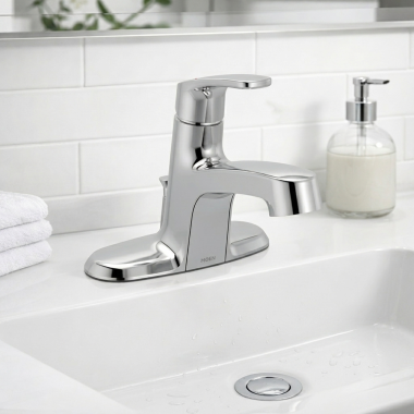 Click here to see Moen L645725 Moen Chateau Single-Handle Low Arc Centerset Bathroom Faucet with 50/50 Drain, 1.2 GPM, Bulk Pack, Chrome - L645725