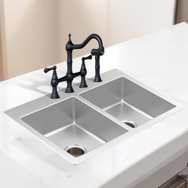 Click here to see Moen GS202684 Moen 33” Drop-In Double Bowl Sink with SoundSHIELD, Wear-Resistant, Stainless Steel - GS202684