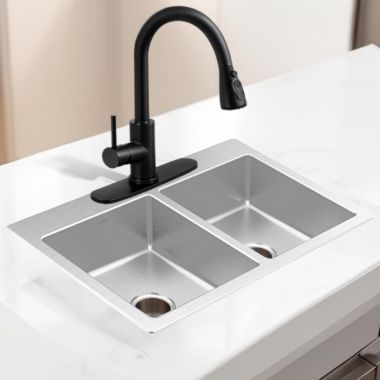 Click here to see Moen GS202683 Moen 33” Drop-In Double Bowl Sink with SoundSHIELD, Wear-Resistant, Stainless Steel - GS20265B