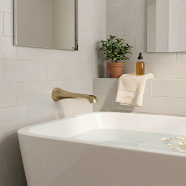 Click here to see Moen TFS990BG Moen Flara 10” Wall-Mount Non-Diverter Tub Filler Spout, Brushed Gold - TFS990BG