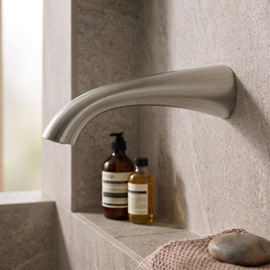 Click here to see Moen TF195386BN Moen Glyde 10” Ultra Thin Non-Diverter Tub Filler Spout, Brushed Nickel - TF195386BN