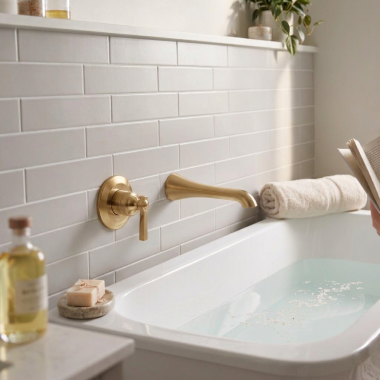 Click here to see Moen WTS921BG Moen Flara Single-Handle Wall-Mount Tub Filler Trim with Ultrathin Spout, Lever Handle, 8 GPM, Brushed Gold - WTS921BG