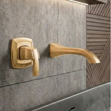 Click here to see Moen WT691BG Moen Voss Non-Diverter Wall-Mount Single-Handle Tub Filler, ADA, 8 GPM, Brushed Gold - WT691BG
