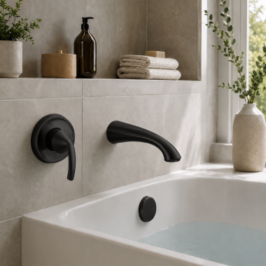 Click here to see Moen WT371BL Moen Glyde Single-Handle Wall-Mount Tub Filler with Ultrathin Spout, Lever Handle, ADA, 8 GPM, Matte Black - WT371BL