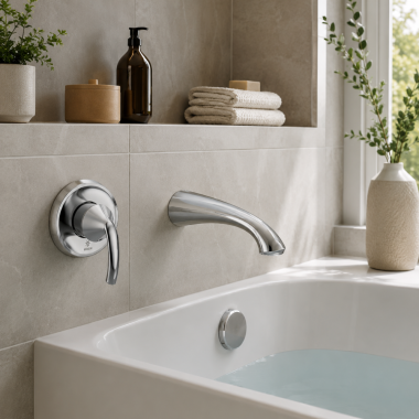Click here to see Moen WT371 Moen Glyde Single-Handle Wall-Mount Tub Filler with Ultrathin Spout, Lever Handle, ADA, 8 GPM, Chrome - WT371