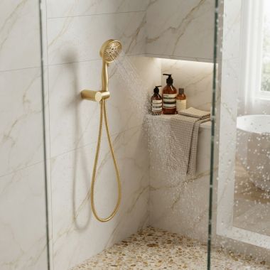 Click here to see Moen 3636EPBG Moen Eco-Performance Handheld Shower with Bracket and Hose, Four-Function, 2 GPM, WaterSenese, Brushed Gold - 3636EPBG