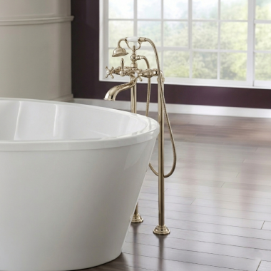 Click here to see Moen S22105NL Moen Weymouth Two-Handle Dual-Mount Tub Filler Trim with 1.75 GPM One-Function Hand Shower, Cross Handles, Polished Nickel - S22105NL