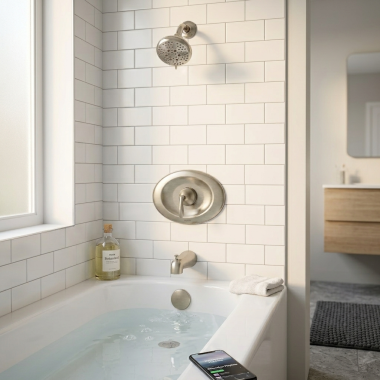 Click here to see Moen T2139EPBN Moen Eva Posi-Temp Single-Handle Tub/Shower Trim Kit, Lever Handle, 1.75 GPM, Brushed Nickel - T2139EPBN