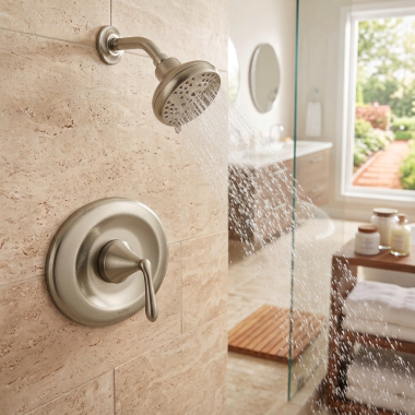 Click here to see Moen T2138EPBN Moen Eva Posi-Temp Single-Handle Shower Trim Kit, Lever Handle, Five Function, 1.75 GPM, Brushed Nickel - T2138EPBN