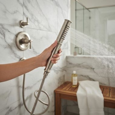Click here to see Moen 195957BN Moen Single-Function Hand Shower for 9025 Freestanding Tub Filler, Circle, Eco-Performance, 1.75 GPM, WaterSense, Brushed Nickel - 195957BN