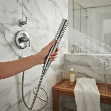 Click here to see Moen 195957 Moen Single-Function Hand Shower for 9025 Freestanding Tub Filler, Circle, Eco-Performance, 1.75 GPM, WaterSense, Chrome - 195957