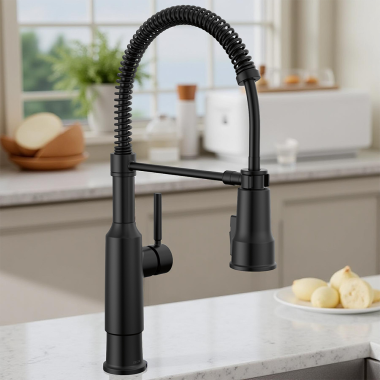 Click here to see Delta 18804Z-BL-DST Delta Theodora Single Handle Pull-Down Spring Kitchen Faucet, 1.8 GPM, Matte Black - 18804Z-BL-DST