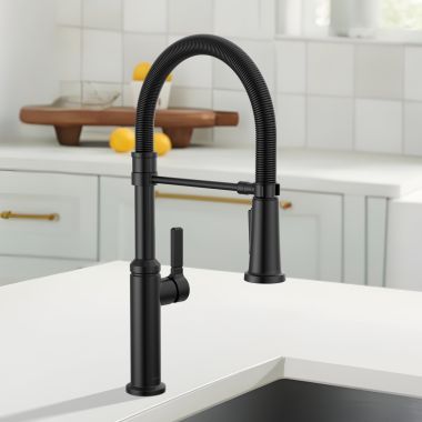 Click here to see Delta 18829-BL-DST Delta Rhett Single-Handle Pull-Down Kitchen Faucet w/ Spring Spout, 1.8 GPM, Matte Black - 18829-BL-DST