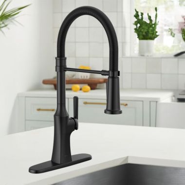 Click here to see Delta 18887-BL-DST Delta Ermelo Single-Handle Pull-Down Kitchen Faucet w/ Spring Spout, 1.8 GPM, Matte Black - 18887-BL-DST