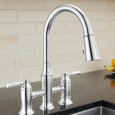 Click here to see Delta 2384L-PR-DST Delta Renaldi Two Handle Pull-Down Bridge Kitchen Faucet, 1.8 GPM, Lumicoat Chrome - 2384L-PR-DST
