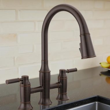 Click here to see Delta 2384L-RB-DST Delta Renaldi Two Handle Pull-Down Bridge Kitchen Faucet, 1.8 GPM, Venetian Bronze - 2384L-RB-DST