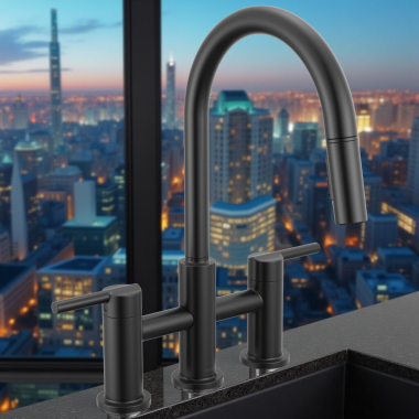 Click here to see Delta 39876LF-BL Delta Nicoli Two Handle Pull-Down Bridge Kitchen Faucet, 1.8 GPM, Matte Black - 39876LF-BL