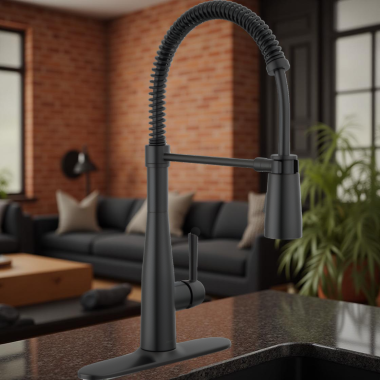 Click here to see Delta 9613-BL-DST Delta Essa Single-Handle Pull-Down Spring Kitchen Faucet, 1.8 GPM, Matte Black - 9613-BL-DST