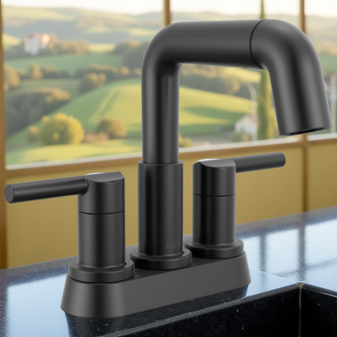 Click here to see Delta 25849LF-BLPD Delta Nicoli Two Handle Centerset Pull-Down Bathroom Faucet, 1.2 GPM, Matte Black - 25849LF-BLPD