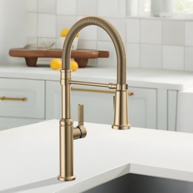 Click here to see Delta 18829-CZ-DST Delta Rhett Single-Handle Pull-Down Kitchen Faucet w/ Spring Spout, 1.8 GPM, Champagne Bronze - 18829-CZ-DST