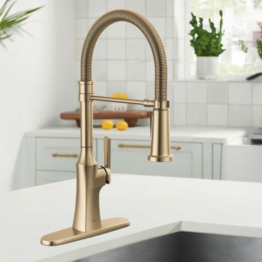Click here to see Delta 18887-CZ-DST Delta Ermelo Single-Handle Pull-Down Kitchen Faucet w/ Spring Spout, 1.8 GPM, Champagne Bronze - 18887-CZ-DST