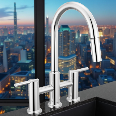 Click here to see Delta 39876LF Delta Nicoli Two Handle Pull-Down Bridge Kitchen Faucet, 1.8 GPM, Chrome - 39876LF