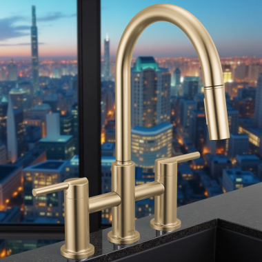 Click here to see Delta 39876LF-CZ Delta Nicoli Two Handle Pull-Down Bridge Kitchen Faucet, 1.8 GPM, Champagne Bronze - 39876LF-CZ
