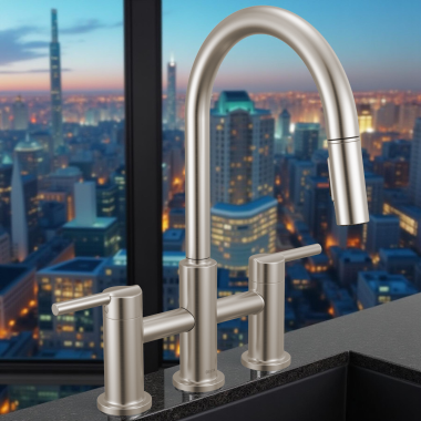 Click here to see Delta 39876LF-SS Delta Nicoli Two Handle Pull-Down Bridge Kitchen Faucet, 1.8 GPM, Stainless - 39876LF-SS