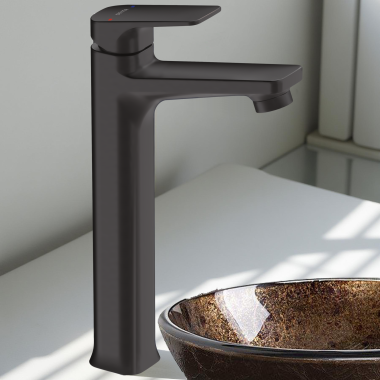 Click here to see Delta 44425-P-BL Delta Korby Single-Handle Tall Vessel Faucet, Less Pop-Up, Matte Black - 44425-P-BL