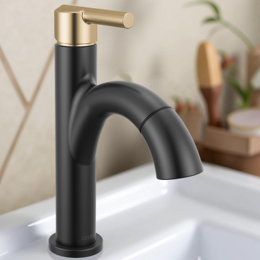 Click here to see Delta 15749LF-GZPD Delta Nicoli Single-Handle Pull-Down Bathroom Faucet, 1.2 GPM, Matte Black/Champagne Bronze - 15749LF-GZPD