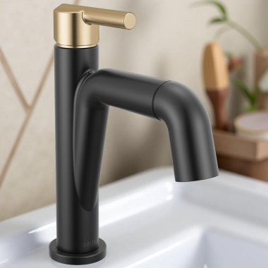 Click here to see Delta 15849LF-GZPD Delta Nicoli Single-Handle Pull-Down Bathroom Sink Faucet, 1.2 GPM, Matte Black/Champagne Bronze - 15849LF-GZPD