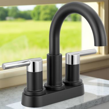 Click here to see Delta 25749LF-CS Delta Nicoli Two Handle Centerset Bathroom Faucet, 1.2 GPM, Matte Black/Chrome - 25749LF-CS