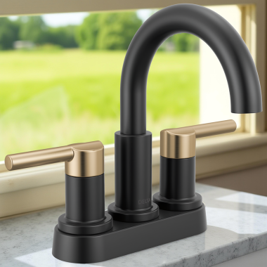 Click here to see Delta 25749LF-GZ Delta Nicoli Two Handle Centerset Bathroom Faucet, 1.2 GPM, Matte Black/Champagne Bronze - 25749LF-GZ