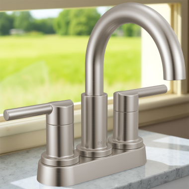 Click here to see Delta 25749LF-SS Delta Nicoli Two Handle Centerset Bathroom Faucet, 1.2 GPM, Stainless - 25749LF-SS