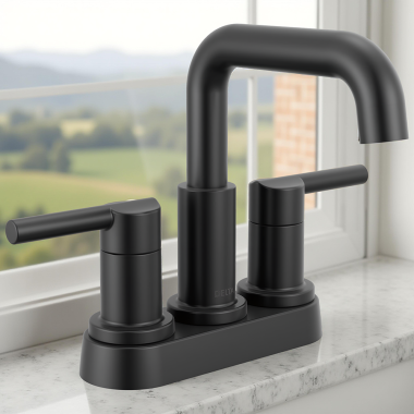 Click here to see Delta 25849LF-BL Delta Nicoli Two Handle Centerset Bathroom Faucet, 1.2 GPM, Matte Black - 25849LF-BL