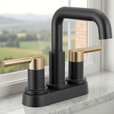 Click here to see Delta 25849LF-GZ Delta Nicoli Two Handle Centerset Bathroom Faucet, 1.2 GPM, Matte Black/Champagne Bronze - 25849LF-GZ