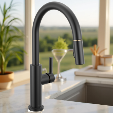 Click here to see Delta 19867LF-GZ Delta Nicoli Single-Handle Pull-Down Kitchen Faucet, 1.8 GPM, Matte Black/Champagne Bronze - 19867LF-GZ
