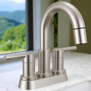 Click here to see Delta 25749LF-SSPD Delta Nicoli Two Handle Centerset Pull-Down Bathroom Faucet, 1.2 GPM, Stainless - 25749LF-SSPD