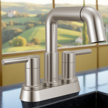 Click here to see Delta 25849LF-SSPD Delta Nicoli Two Handle Centerset Pull-Down Bathroom Faucet, 1.2 GPM, Stainless - 25849LF-SSPD