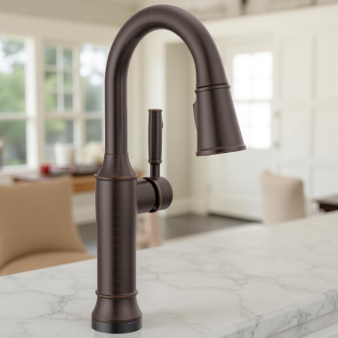 Click here to see Delta 9984TL-RB-DST Delta Renaldi Touch2O Single-Handle Pull-Down Bar/Prep Faucet, 1.8 GPM, Venetian Bronze -9984TL-RB-DST