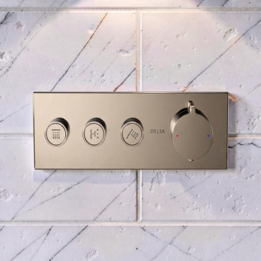 Click here to see Delta T67703-PN Delta MagnaChoice High Flow Push Button Thermostatic Trim with Three Outlets, Polished Nickel - T67703-PN